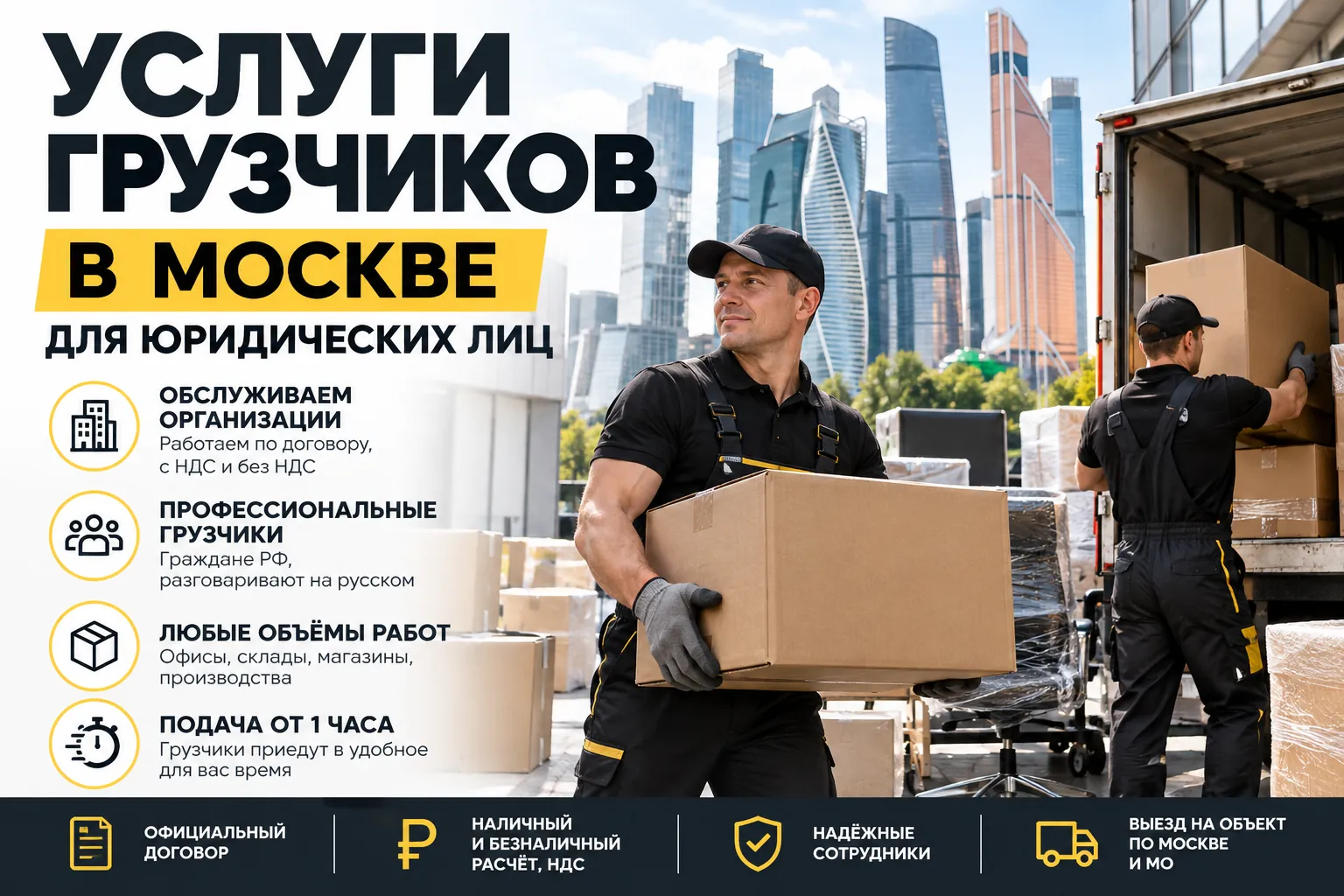 Грузчики в униформе переносят коробки и загружают грузовик на фоне Москва-Сити — услуги грузчиков в Москве для юридических лиц
